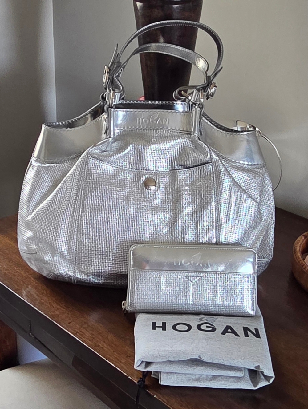 HOGAN Silver Mesh Leather Satchel and Wallet with Dustbag